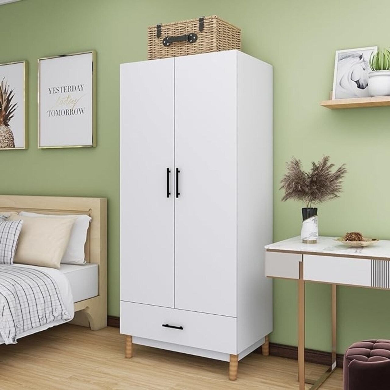 Livelylodge White Armoire Wardrobe Closet 2 Doors Drawer 70.87 Inch Storage